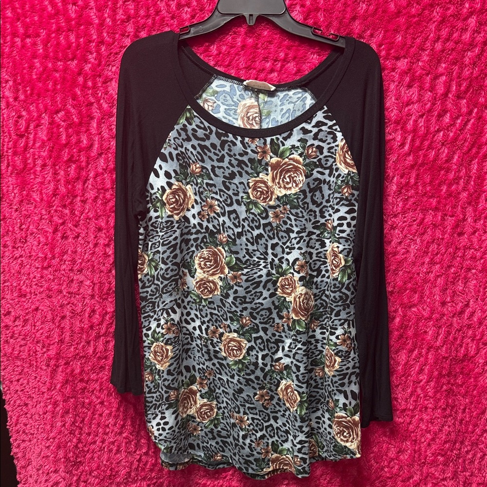 Trendy Boutique Black Floral Leopard Blouse